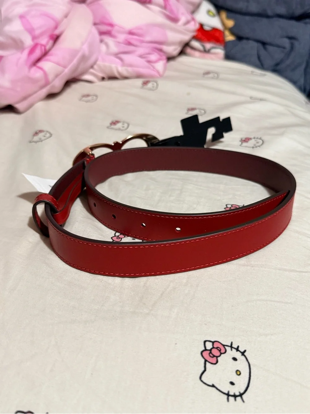 Coach Red Leather Belt with Gold Double-Loop Buckle